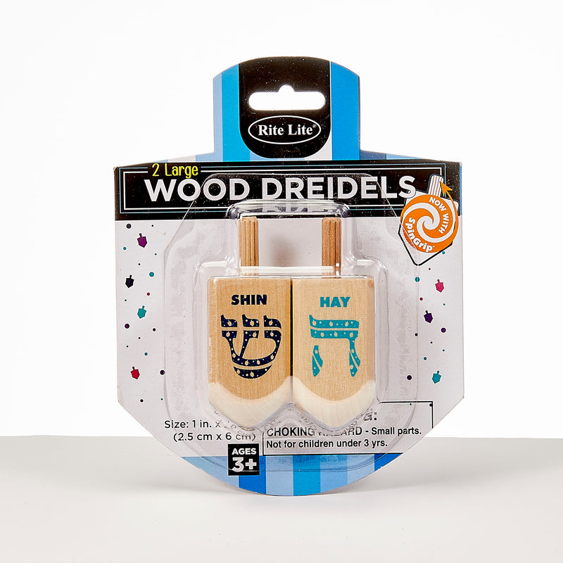 Two Large Chanukah Wooden Dreidels with Spring Grip