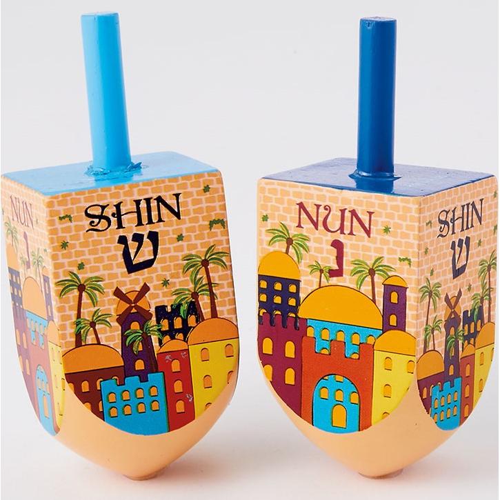 Jerusalem Multicolor Painted Wood Dreidels Set of 2