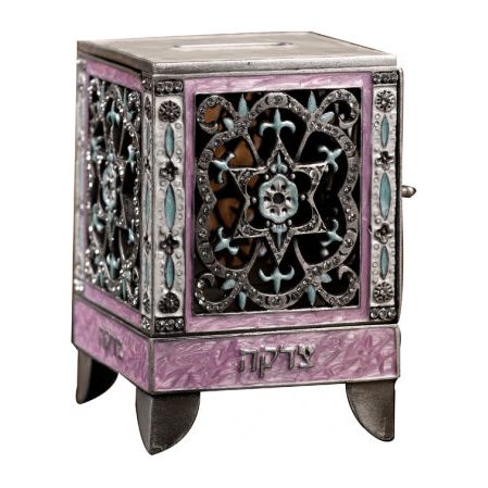Gemstone Enamel Pewter Tzedakah Box Pink Reuven Masel Collection