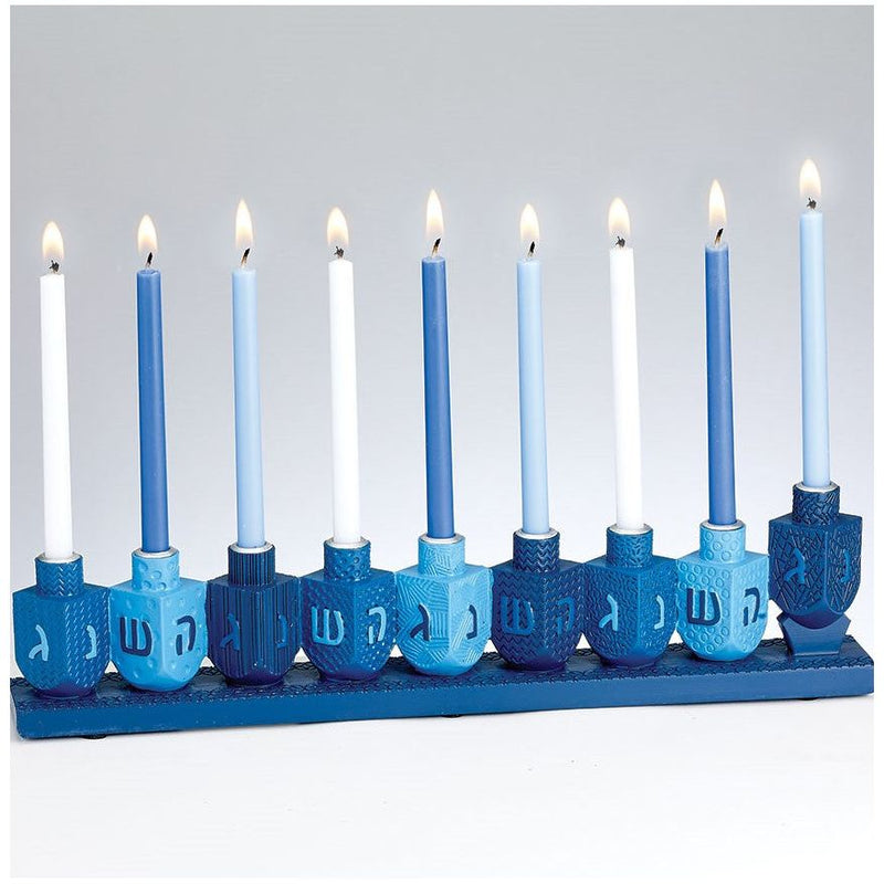 Chanukah Menorah Blue Dreidels Hand-Painted Resin  comes in a colorful box