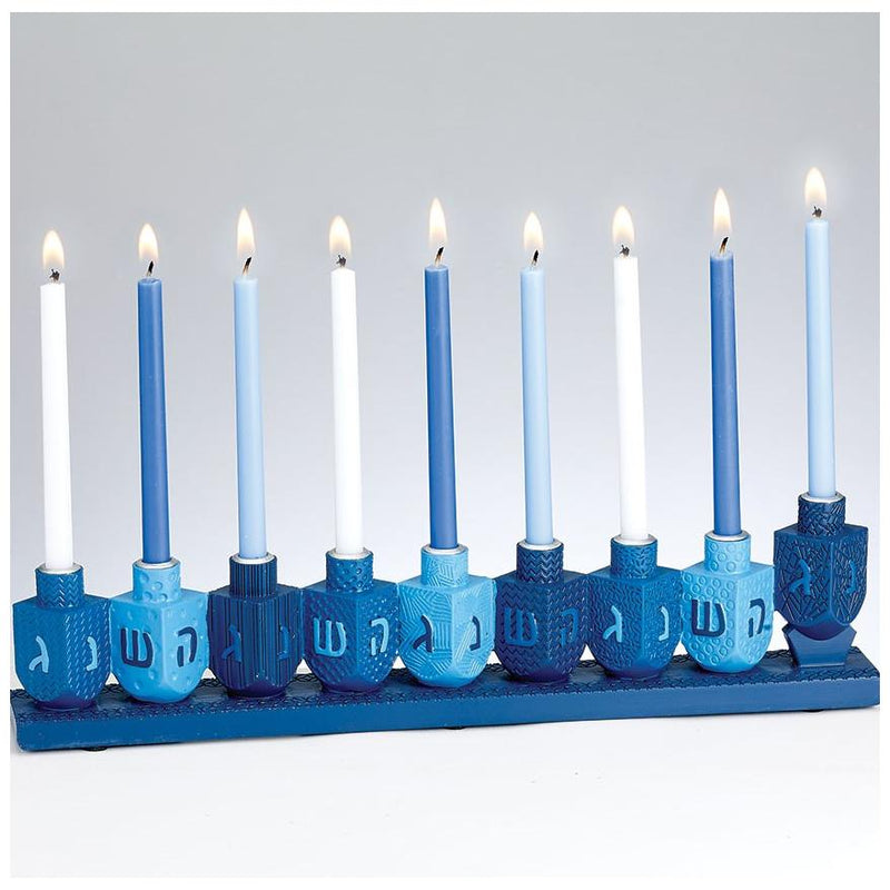 Chanukah Menorah Blue Dreidels Hand-Painted Resin  comes in a colorful box