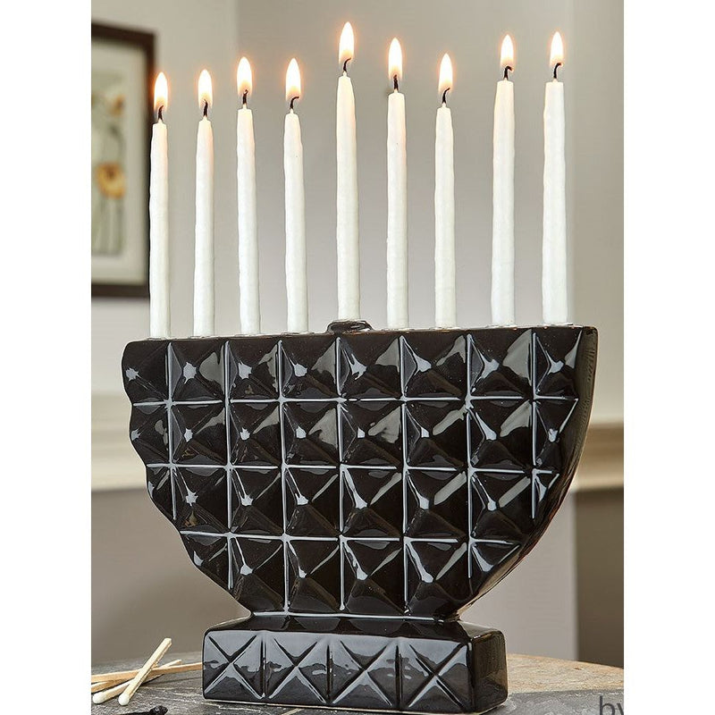 Black Geometric Hand-Painted Ceramic Chanukah Menorah Candles are not included