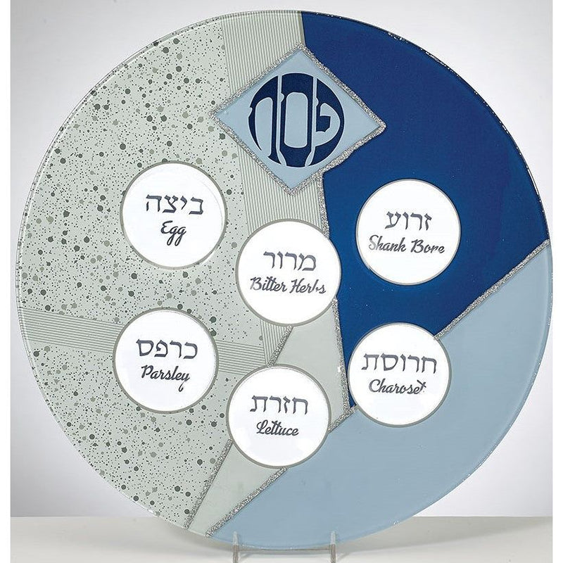 Blue Glass Seder Plate with Silver Glitter Accents