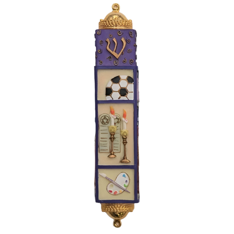 Girl's Sports Arts Jewish Symbols Hand Painted 3D Mezuzah 5" by Reuven Masel Kosher Parchment included
