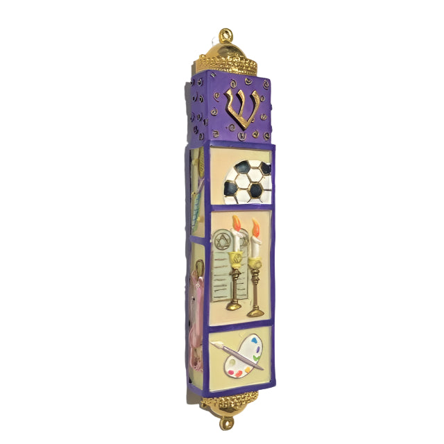 Girl's Sports Arts Jewish Symbols Hand Painted 3D Mezuzah 5" by Reuven Masel Kosher Parchment included