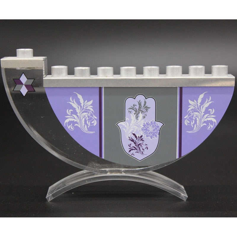 Lucite Menorah Purple Hamsa Silver metal top By Reuven Masel