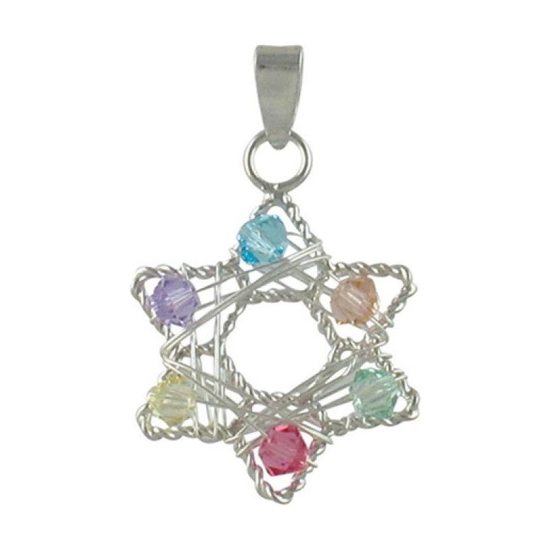 Magen Star of David 925 Sterling Silver Wire Wrapped Multicolored Beads Necklace Made in Israel