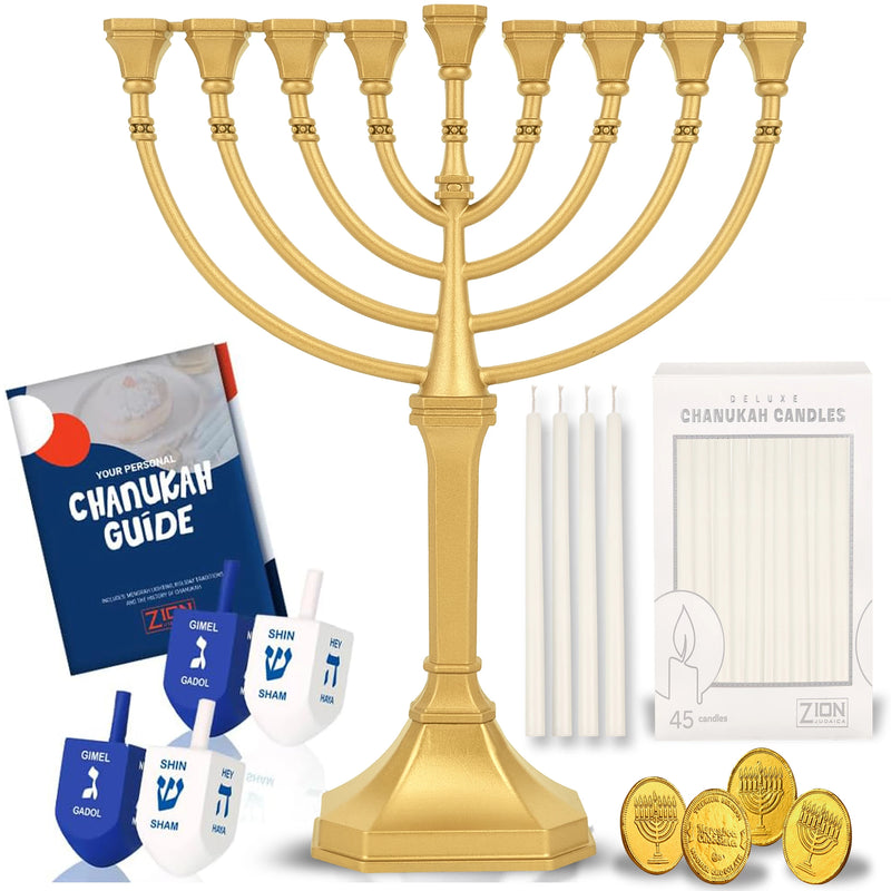 Chanukah   Menorah Value Kit : Classic Menorah in Gold - Candles - Dreidels  - Dairy Belgian Chocolate coins