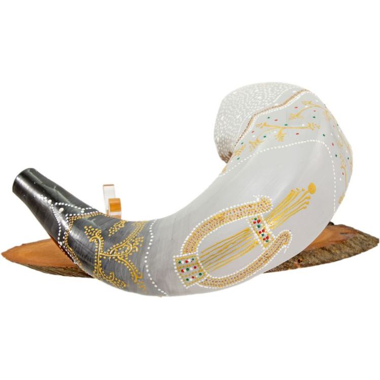 Painted Ram's Shofar Features King David's Lyre Hand Painted In Israel by Artist Sarit Romano