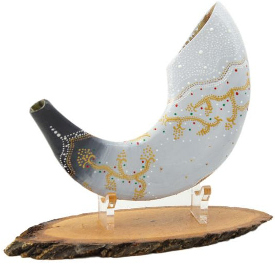 Painted Ram's Shofar Features King David's Lyre Hand Painted In Israel by Artist Sarit Romano