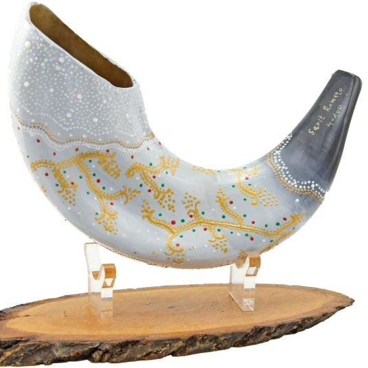 Painted Ram's Shofar Features King David's Lyre Hand Painted In Israel by Artist Sarit Romano