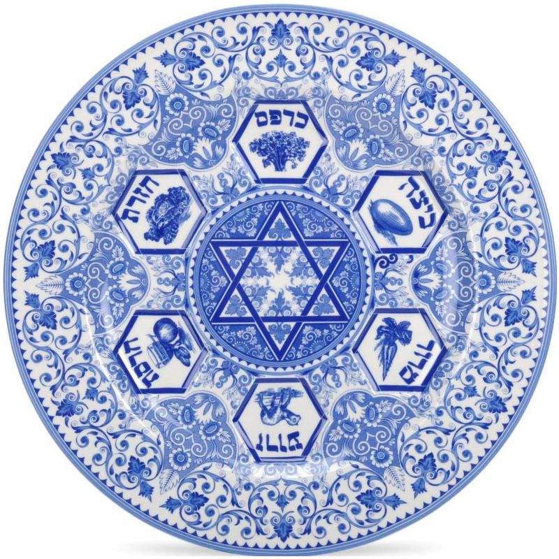 SPODE Judaica Blue Renaissance Ceramic Matzah Plate Ceramic Tray & Optional Seder plate