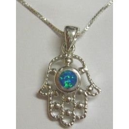 925 Sterling Silver / Opal Hamsa Pendant with Venetian Chain