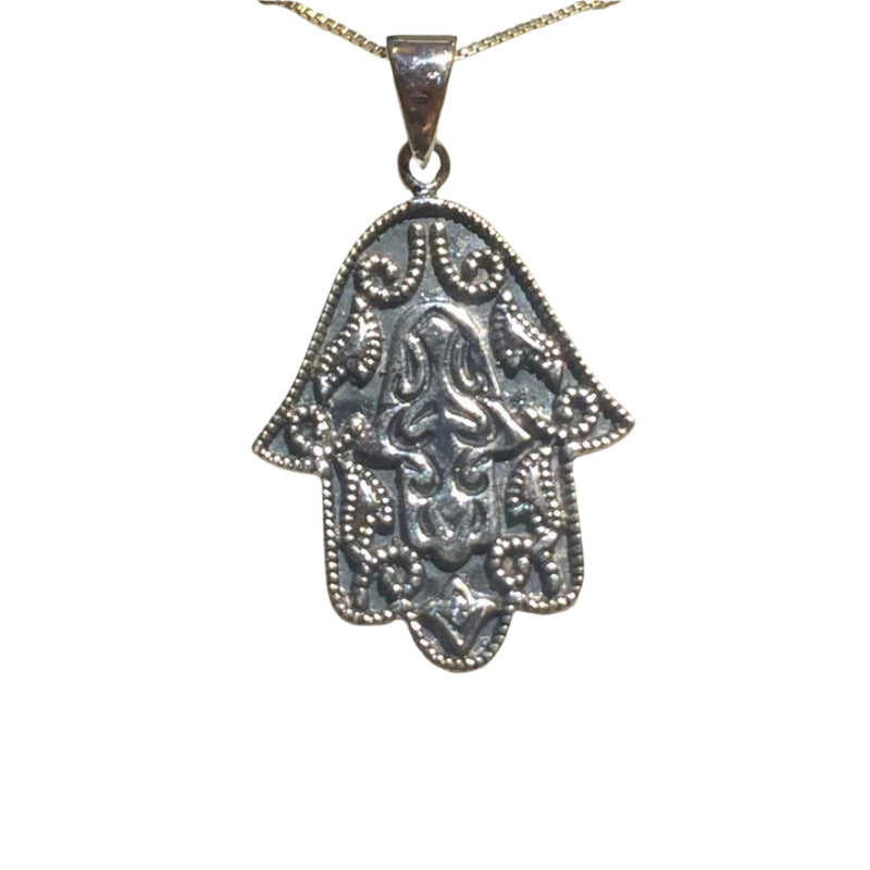 925 Sterling Silver Antique Hamsa Pendant 1.3" Necklace Made in Israel