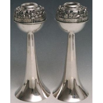 925 Sterling Silver Jerusalem Globe Tapered Candlesticks Made in Israel by Dabbah Family