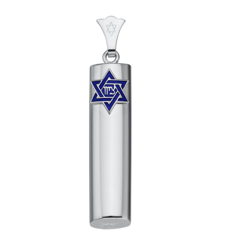 925 Sterling Silver Blue Enamel Star of David Mezuzah Pendant With Stainless Steel 24" Necklace - Great Gift for a Man