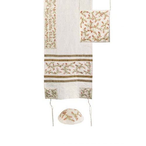 Pomegranates Embroidered Tallit 71" x 16" Tallis Set of 3 Made in Israel By Emanuel