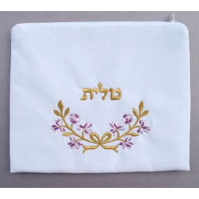 Floral Gold or Silver Embroidery Bow White Velvet Women's Tallit Bag 10" or 12" Pink, Blue, Purple