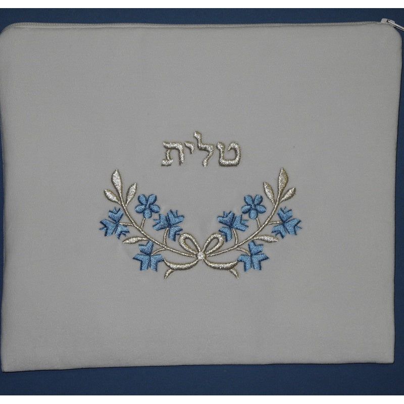 Floral Gold or Silver Embroidery Bow White Velvet Women's Tallit Bag 10" or 12" Pink, Blue, Purple
