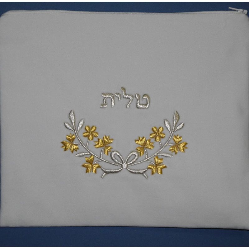 Floral Gold or Silver Embroidery Bow White Velvet Women's Tallit Bag 10" or 12" Pink, Blue, Purple