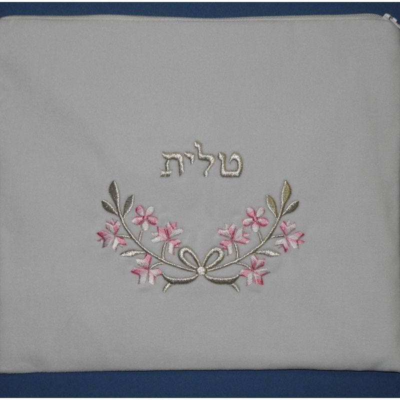 Floral Gold or Silver Embroidery Bow White Velvet Women's Tallit Bag 10" or 12" Pink, Blue, Purple