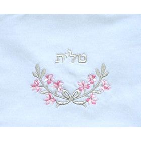 Floral Gold or Silver Embroidery Bow White Velvet Women's Tallit Bag 10" or 12" Pink, Blue, Purple