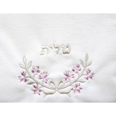 Floral Gold or Silver Embroidery Bow White Velvet Women's Tallit Bag 10" or 12" Pink, Blue, Purple