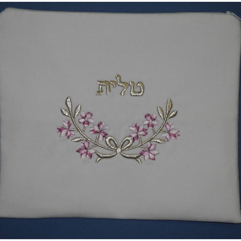 Floral Gold or Silver Embroidery Bow White Velvet Women's Tallit Bag 10" or 12" Pink, Blue, Purple