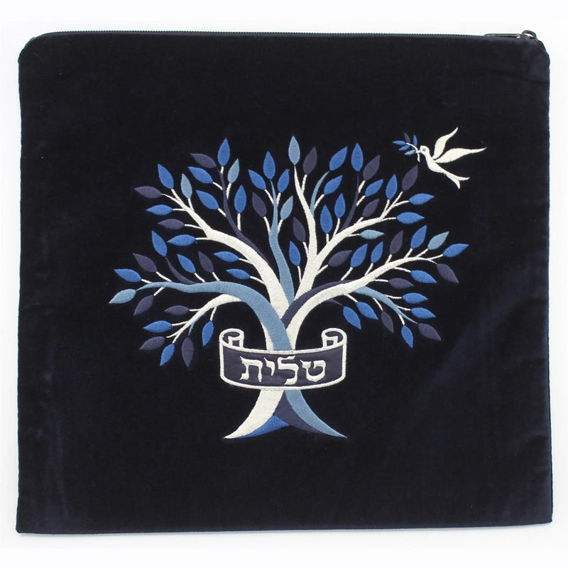 Tree of Life Blue Silver Embroidery Black Velvet Tefillin Bag