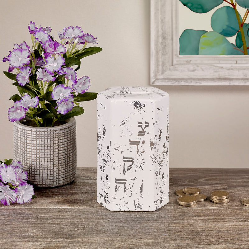 Hexagon Ceramic Tzedakah Charity Box Silver Accents Designed by LYD