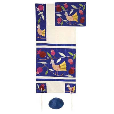 Embroidered Raw Silk Tallit Golden Birds on Blue Tallit Set of 3 Made in Israel By Emanuel