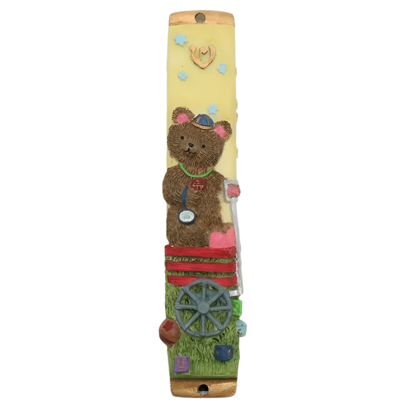 Teddy Bear in Kippah Mezuzah Hand Painted 6" Mezuzah $55 Kosher Parchment included