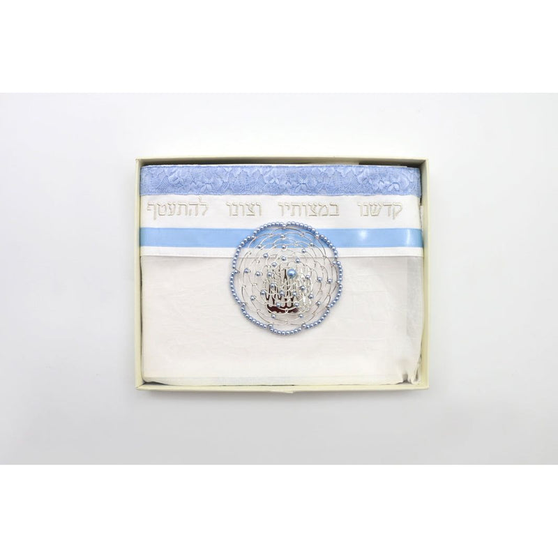 Designer Blue Lace Sheer Georgia Girl's Women's Tallit / Prayer Shawl Set of 3 Made in Israel By ERETZ