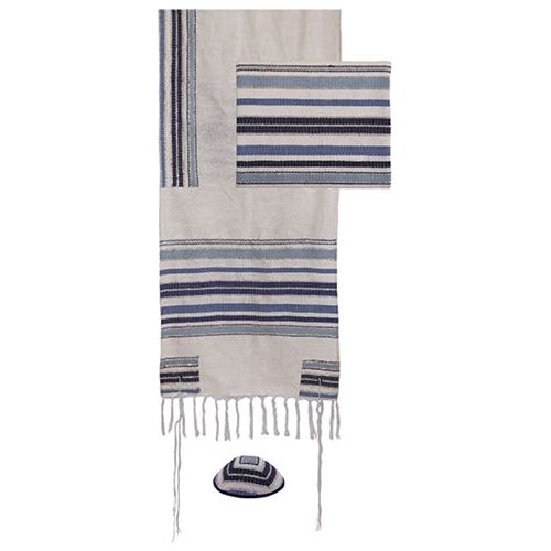 Emanuel Handwoven Blue Tallit Set of 3 Made in Israel 70" x 20"