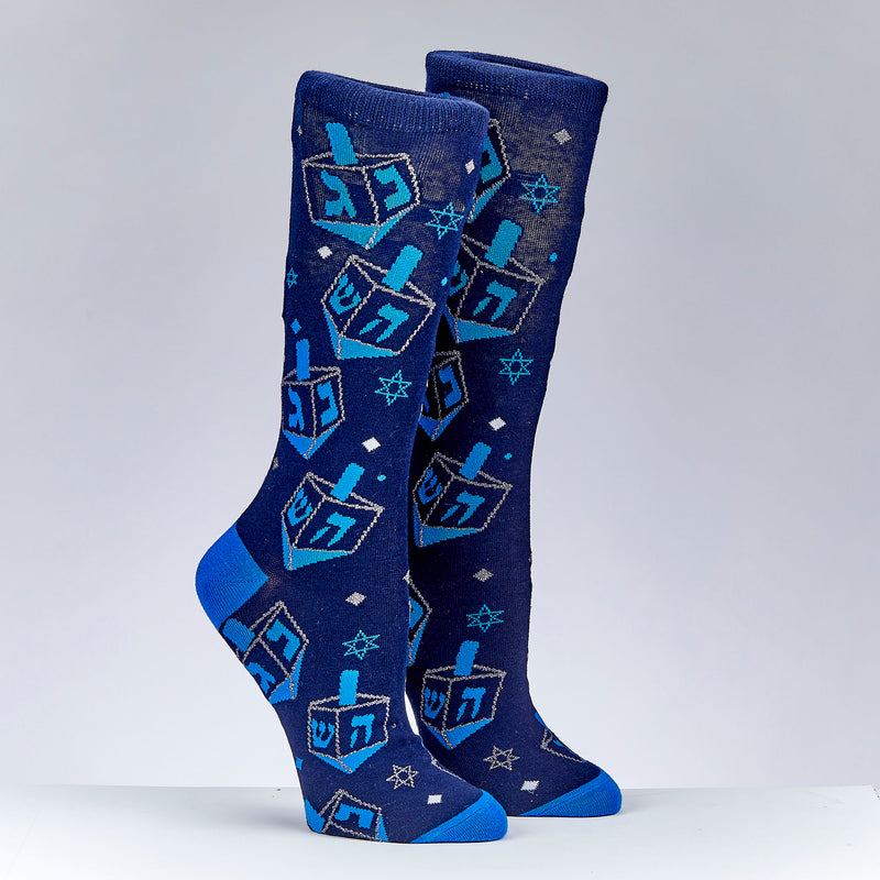 Chanukah Adult Crew Socks Dreidels and Stars With Lurex Threads Fits Shoe Size 8-12