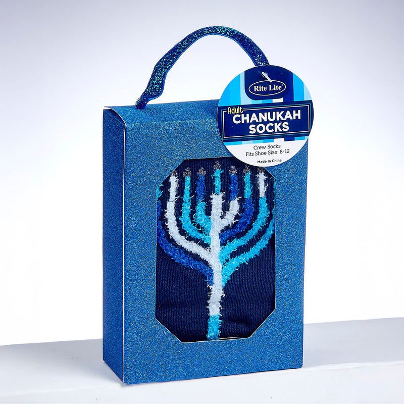 Happy Chanukah & Light Up the Night Socks With Fuzzy Menorah Adult Size  Gift Box Cotton / Polyester / Spandex