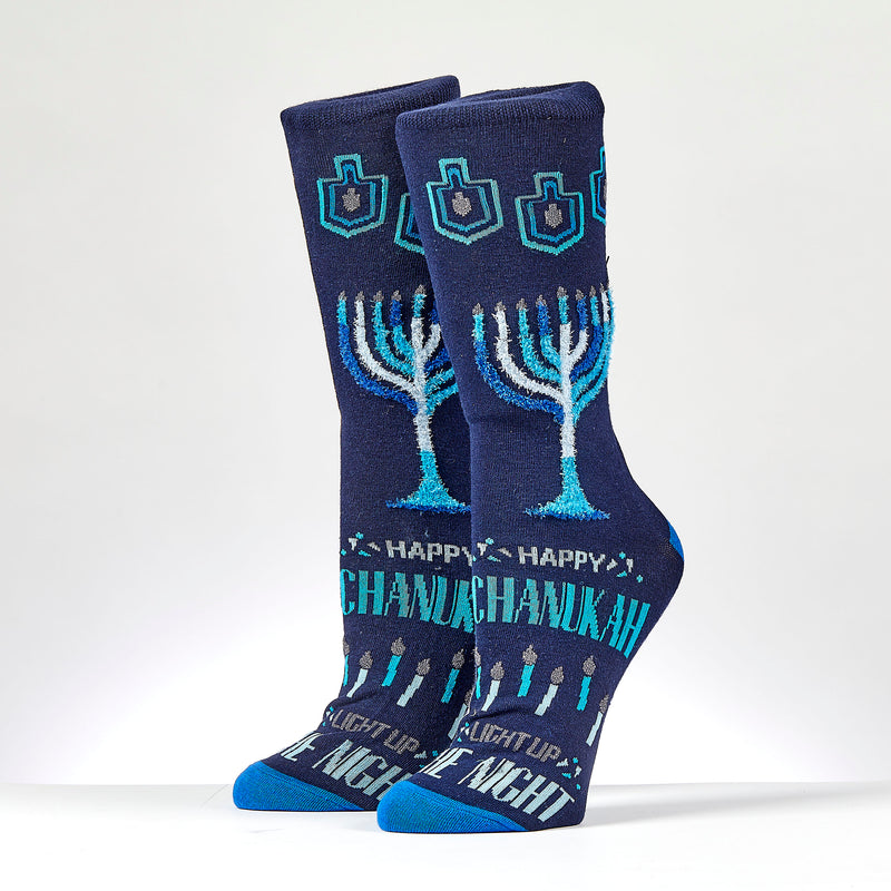 Happy Chanukah & Light Up the Night Socks With Fuzzy Menorah Adult Size  Gift Box Cotton / Polyester / Spandex
