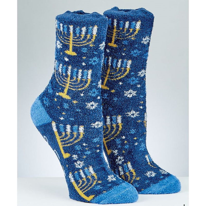 Chanukah Cozy Slipper Socks, Menorah Design Fits sock size: 10-13