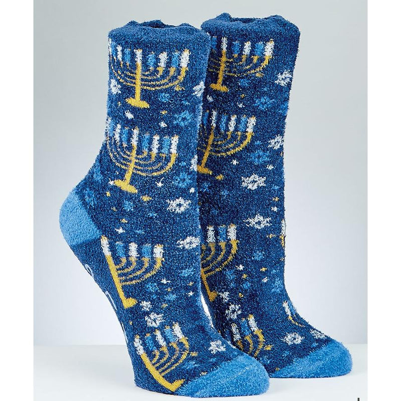 Chanukah Cozy Slipper Socks, Menorah Design Fits sock size: 10-13