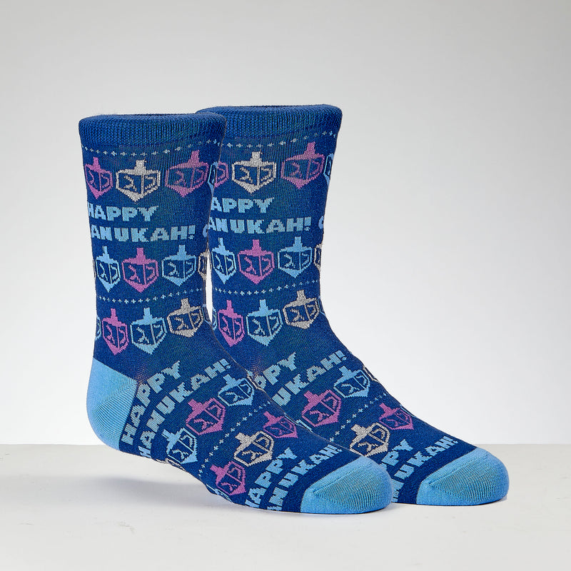 Happy Chanukah Dreidels Youth Crew Socks with Lurex  Fits Shoe Size 1-5 Cotton/Polyester/Spandex