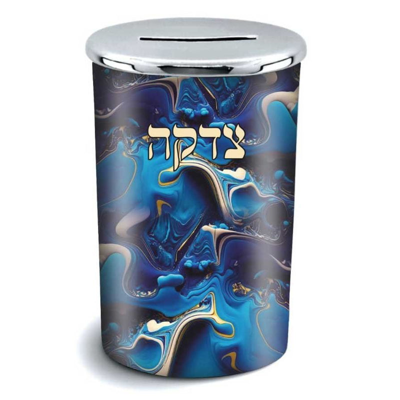 Stainless Steel Tzedakah Box with Decal - Abstract Blue Gold