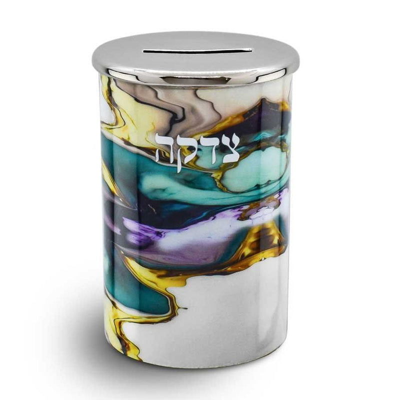 Contemporary Design Stainless Steel Tzedakah Charity Box with Decal Semi-Precious Stones Design
