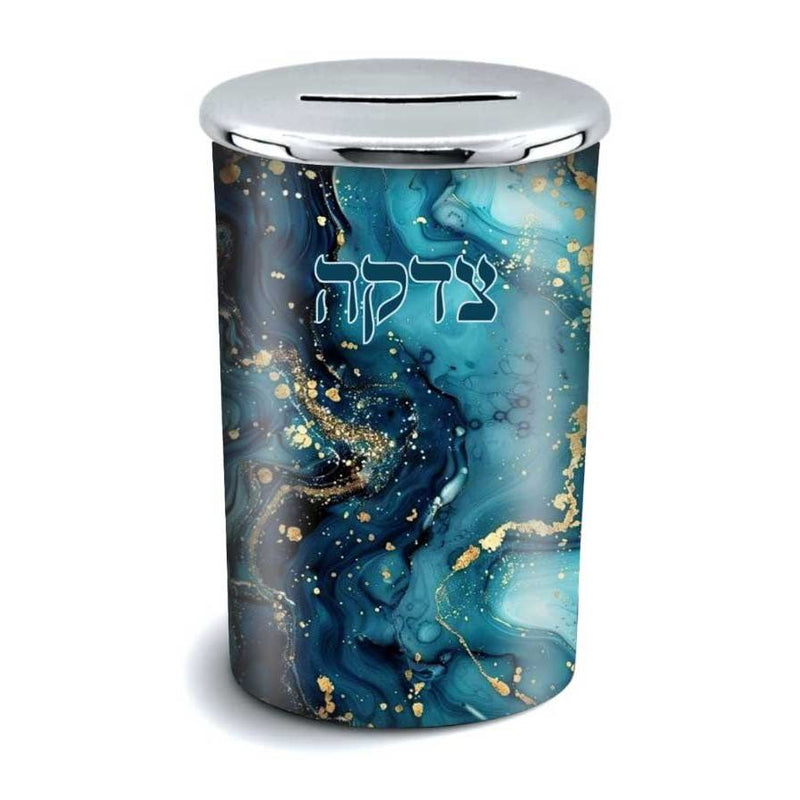 Deep Sea & Gold Colored Stainless Steel Pushka Tzedakah Charity Box with Decal