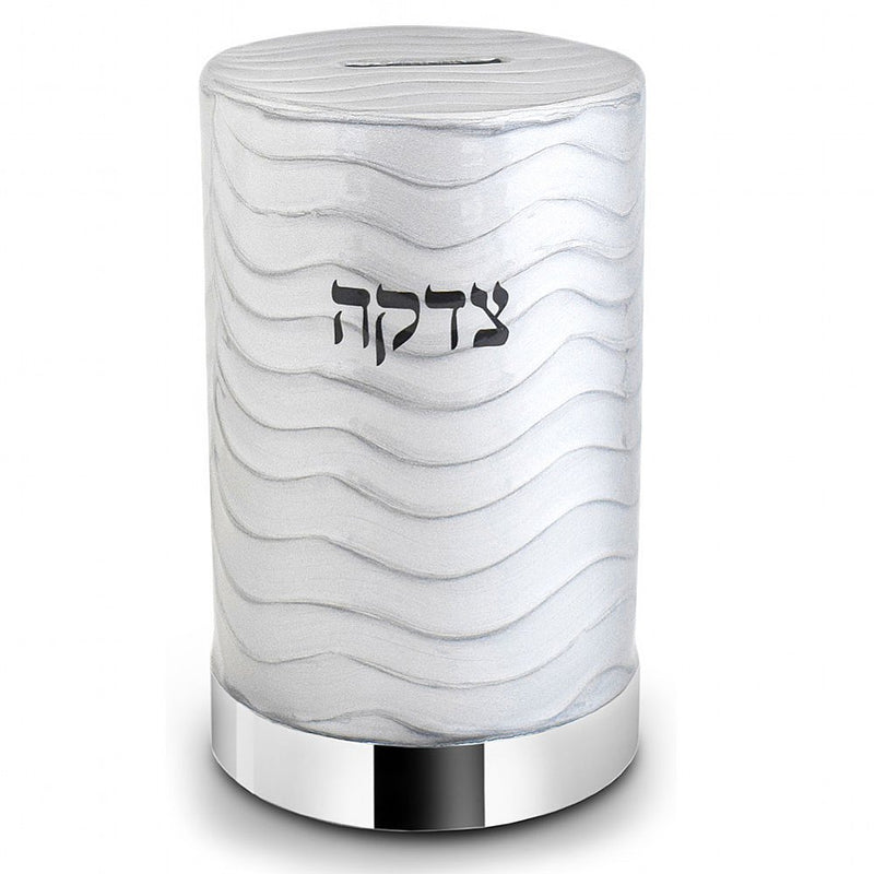 Stainless Steel Tzedakah Charity Box Featuring A Marble Decal - White Carrera