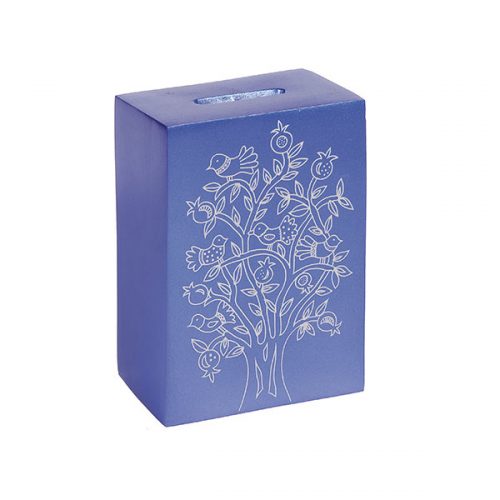 Anodized Square Tzedakah Box Square with Print - Blue By Yair Emanuel, Israel