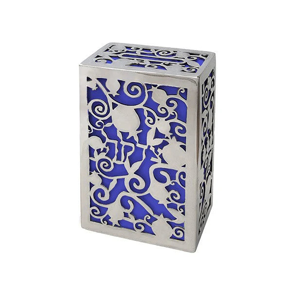 Emanuel Laser Cut Metal Tzedakah Box in Blue Pomegranates by Yair Emanuel