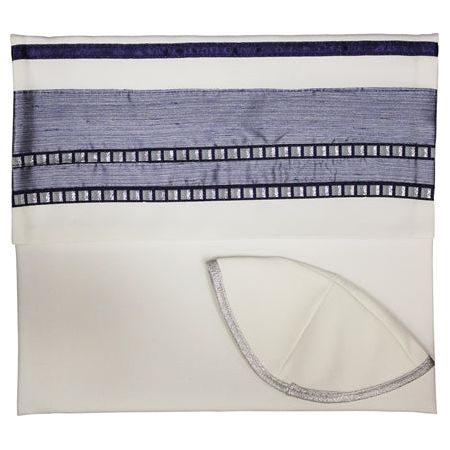 Designer Slate Blue Silver Stripes Viscose Tallit Tallis Set of 4 - Made in Israel By Ronit Gur