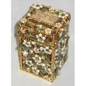 White Lilies Crystals & White Pearl Enamel Artistic Tzedakah Box Made in Israel