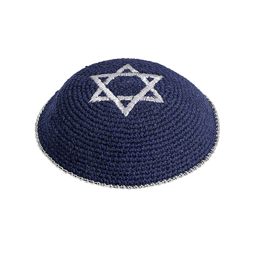 Star of David Knitted Kippah in Blue Yarmulke with Silver Embroidery