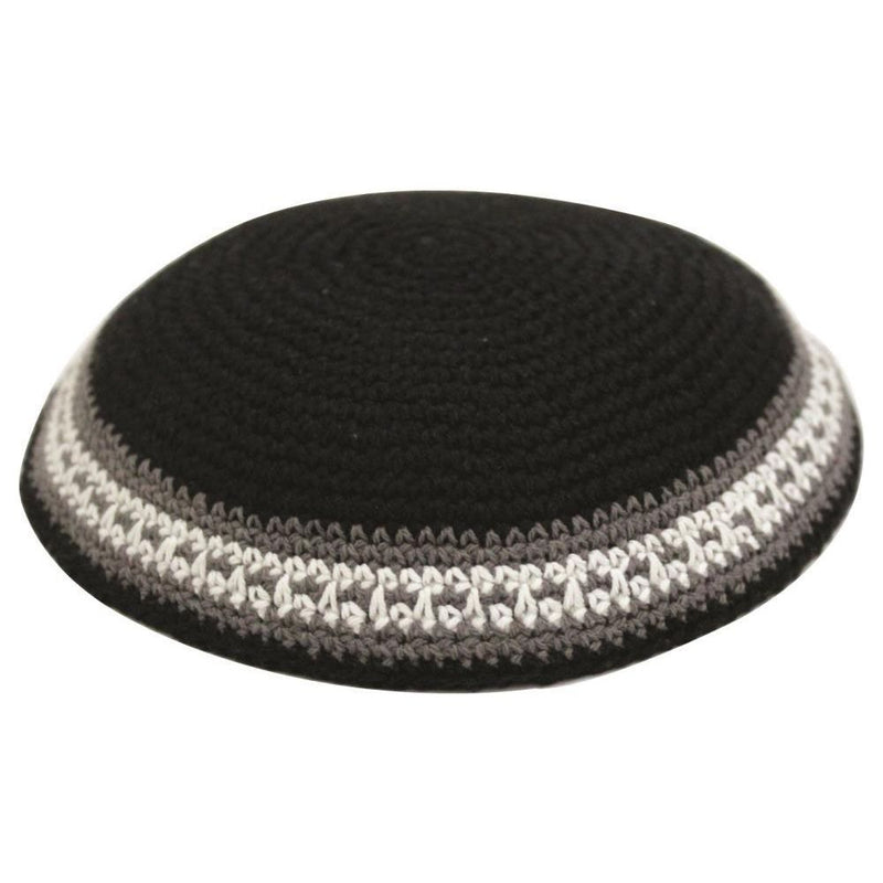 Crochet Kippah Black Grey White Knit Yarmulke 7"
